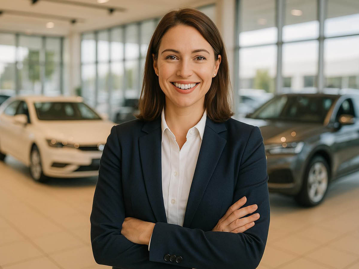 Nette Autohaus-Mitarbeiterin steht im Autohaus