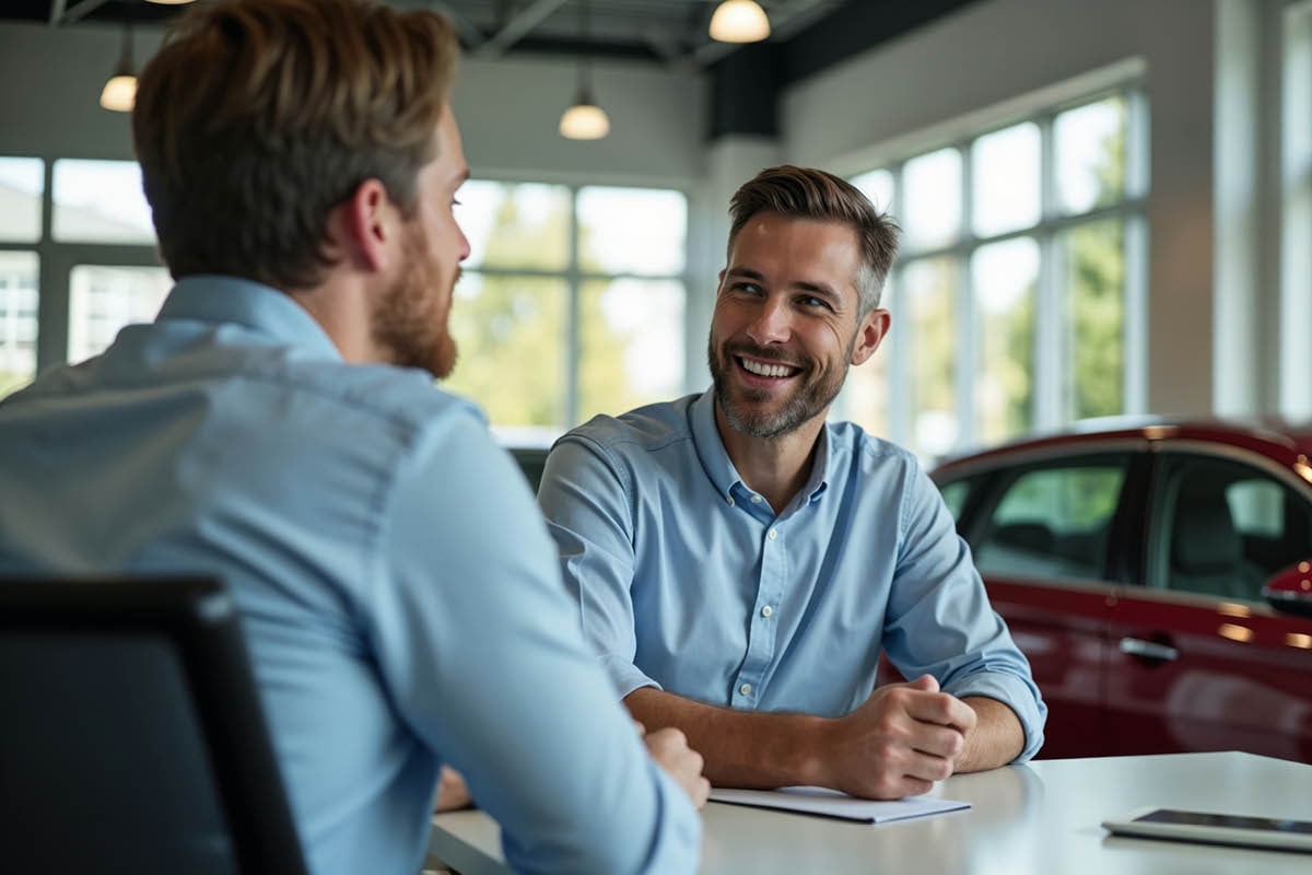 Beratungsgespräch zwischen Autoverkäufer und Kunde